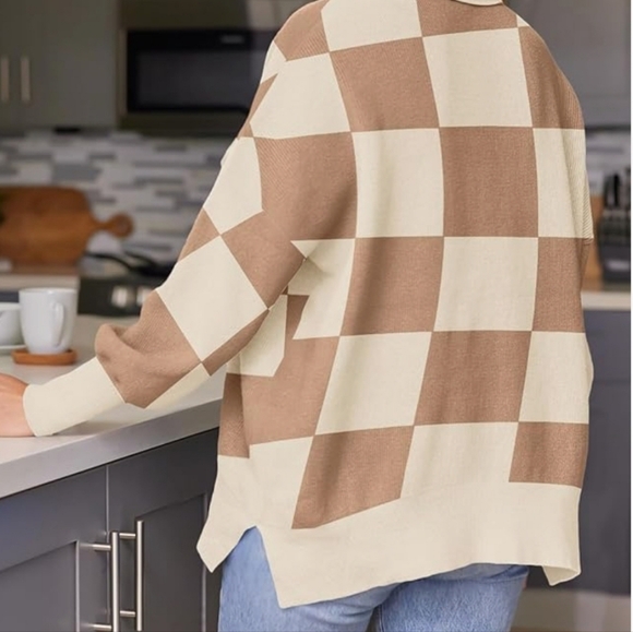 LILLUSORY Women's Oversized Crewneck Ribbed Checkered Sweater MEDIUM - Picture 2 of 12